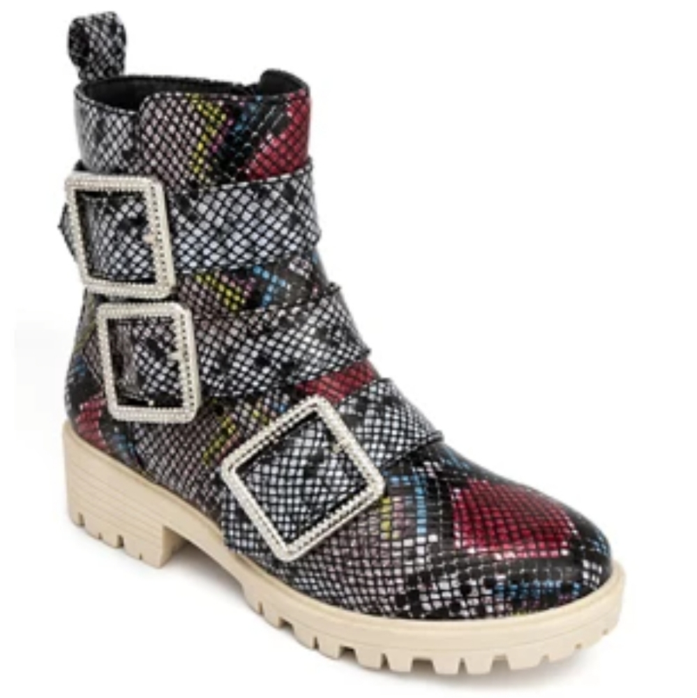 NEW Womens Combat Boots Moto Grunge Pink Multi Jeweled Bling Buckles Reptile 7.5 - Picture 6 of 12